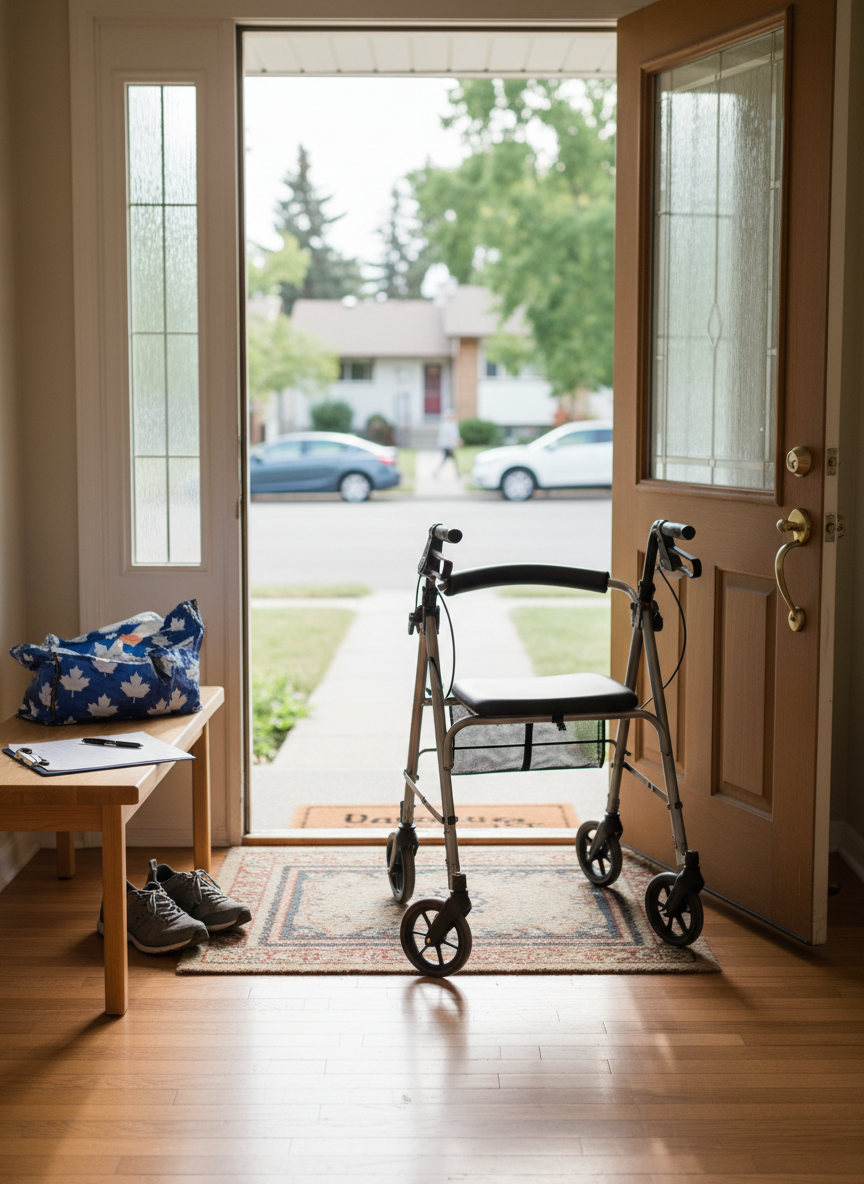 An inviting Calgary neighborhood street viewed through the open front door of a tidy home, with a lightweight rollator parked neatly on a textured doormat. Just inside, a small bench displays a pair of easy-on walking shoes, a reusable shopping bag, and a folded list on a clipboard, representing assistance with errands and grocery shopping. Natural daylight streams through the doorway and sidelights, creating a bright, optimistic atmosphere and soft shadows across the hardwood floor. Photographic realism at eye level with a gentle depth of field keeps the foreground items crisp while the suburban street, cars, and trees blur slightly beyond. The composition suggests safe, supported outings and mobility for seniors while maintaining independence and connection to the community.