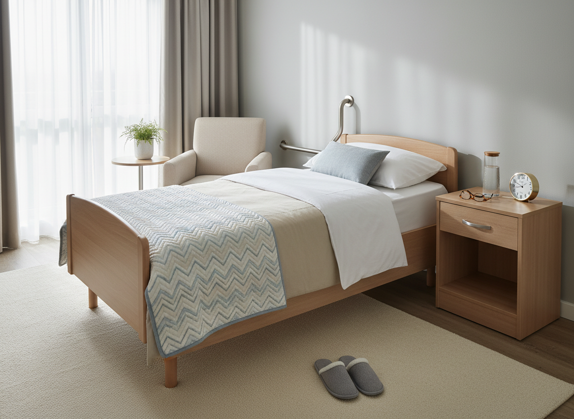 A serene bedroom in a senior’s home, styled in soft neutral tones, featuring a neatly made bed with a supportive, adjustable frame and a quilt folded back invitingly. On the nightstand, a carafe of water, reading glasses, and a small analog clock are arranged with meticulous care. A grab bar is discreetly mounted beside the bed, and a pair of non-slip slippers is aligned on a plush rug, symbolizing thoughtful mobility assistance and basic personal care. Diffused early morning light enters through a large window with sheer curtains, casting delicate, calming shadows. The photograph is composed at a slightly elevated angle with clean, modern realism, creating a peaceful, safe, and dignified environment that reflects attentive senior home care without feeling clinical or institutional.