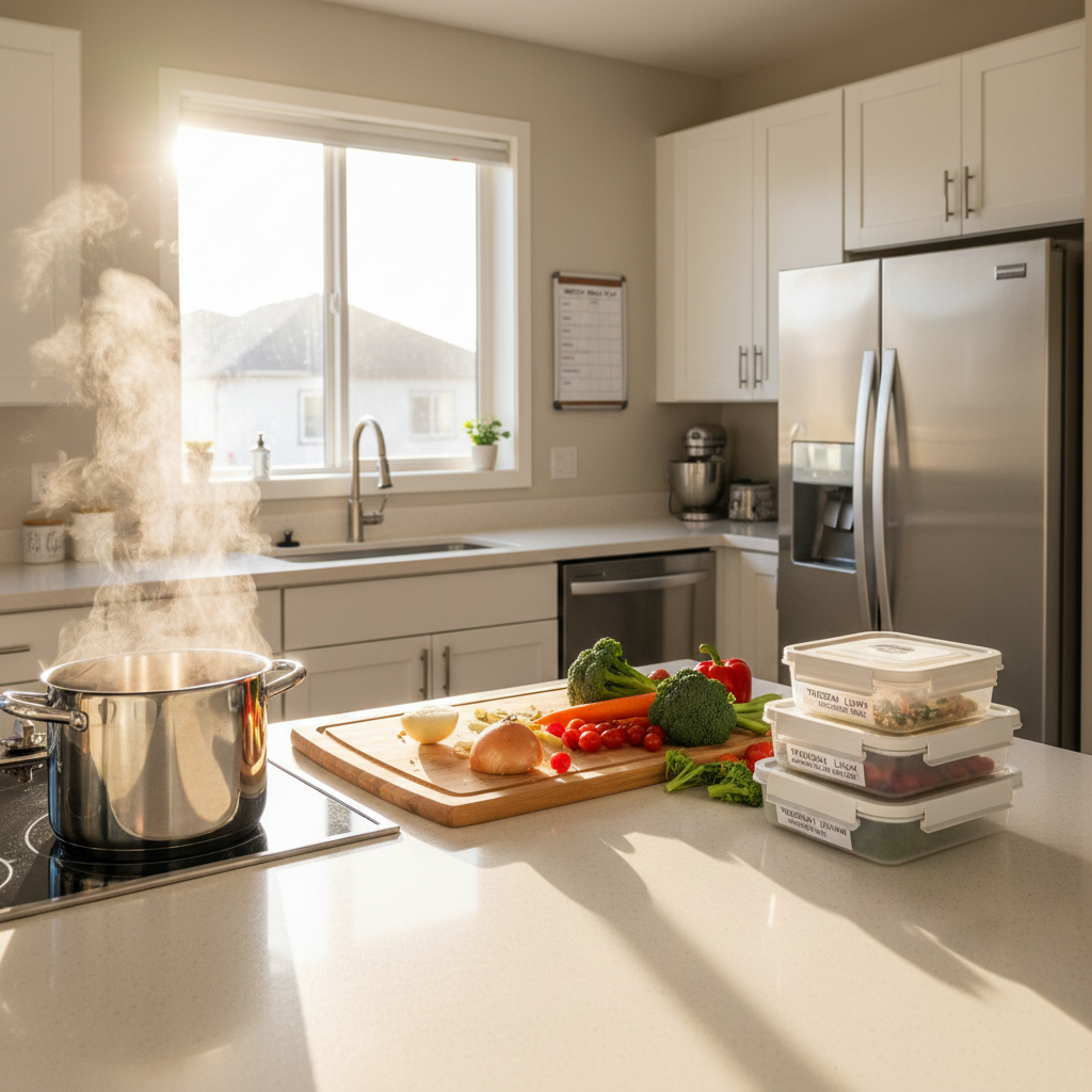 A bright, spotless kitchen in a modern Calgary home, photographed in realistic detail, with a wide laminate countertop laid out for meal preparation. Fresh vegetables, a cutting board, and a simmering pot on the stove suggest a healthy, home-cooked meal being made with care. Beside the stove, a printed weekly meal plan and a tidy stack of labeled food containers hint at organized senior home care services. Morning light pours in from a large window, illuminating steam rising from the pot and creating soft reflections on stainless steel appliances. Shot from a slightly elevated angle with balanced, sharp focus, the scene feels welcoming, organized, and nurturing, emphasizing nutritious, thoughtfully prepared meals as part of compassionate in-home support.
