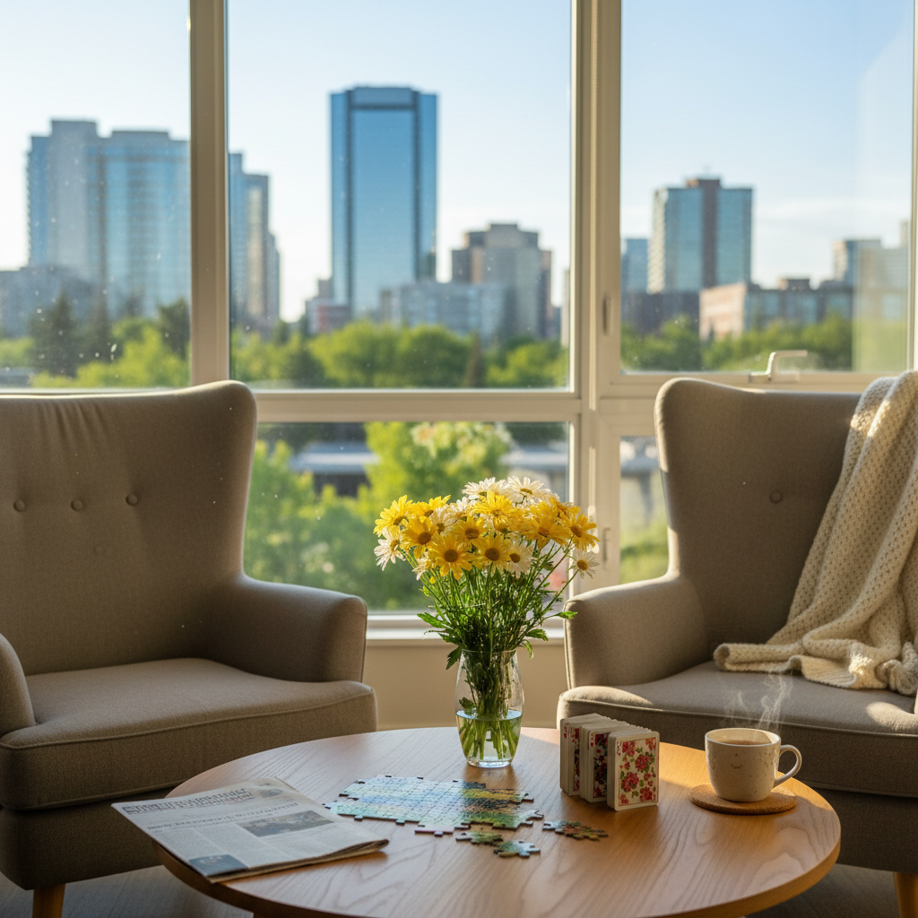 A sunlit sitting area in a Calgary condo, showcasing a round wooden coffee table between two comfortable, high-backed armchairs, all bathed in warm afternoon light. On the table, a half-finished jigsaw puzzle, a neatly stacked deck of large-print playing cards, and a vase of fresh flowers subtly depict companionship and social engagement. A folded newspaper, a soft throw blanket, and a cup of herbal tea on a coaster add homely touches. Large windows reveal a soft-focus city skyline and treetops outside, placing the scene firmly in Calgary. Shot at eye level in photographic realism with a gentle bokeh background, the composition feels uplifting, calm, and conversational, reflecting the emotional warmth and respectful support at the heart of senior home care services.